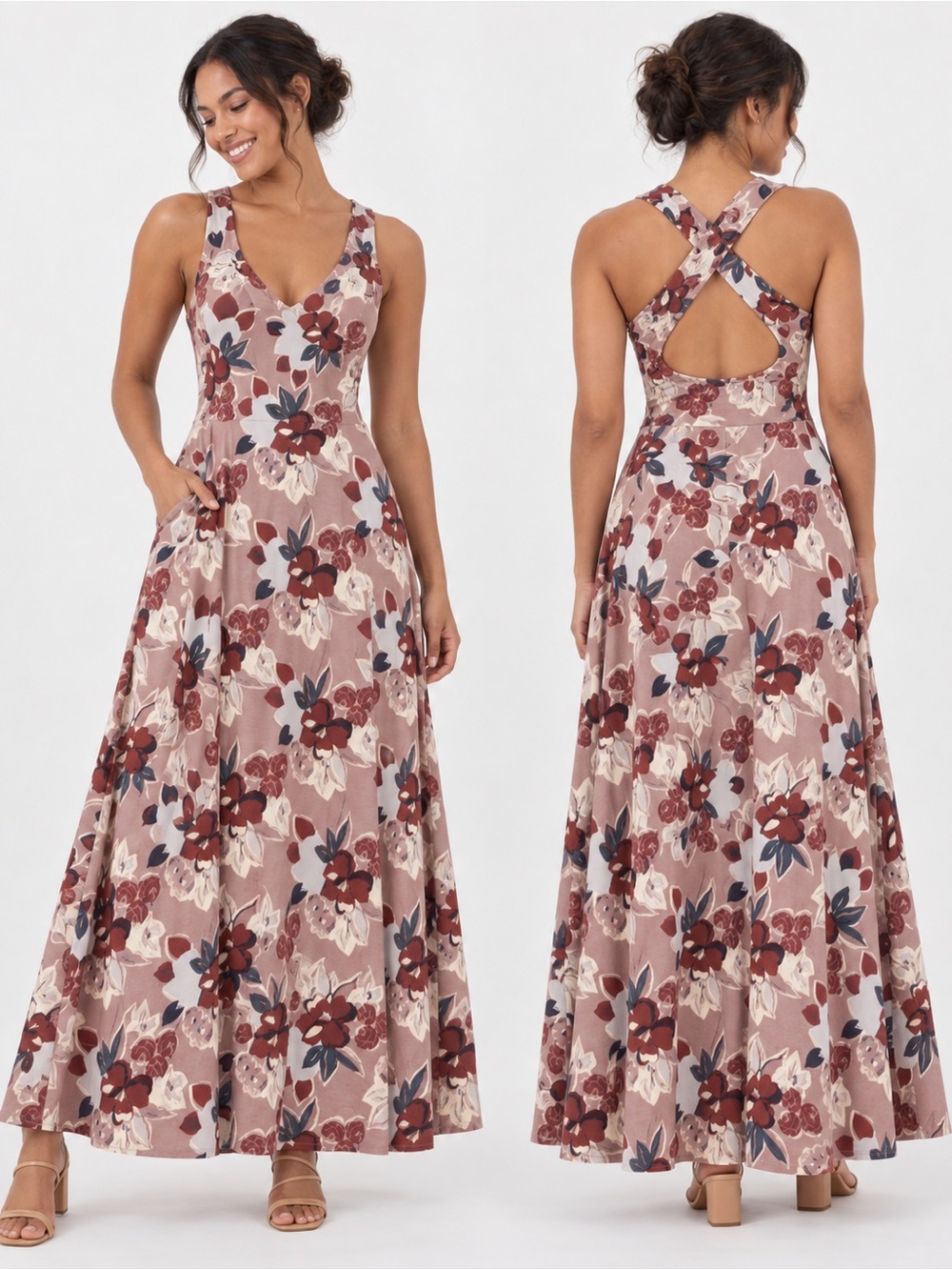 Pact Organic Cotton FloralCross-Back Maxi Dress in Mauve Pink Fit Flare SZ Lg